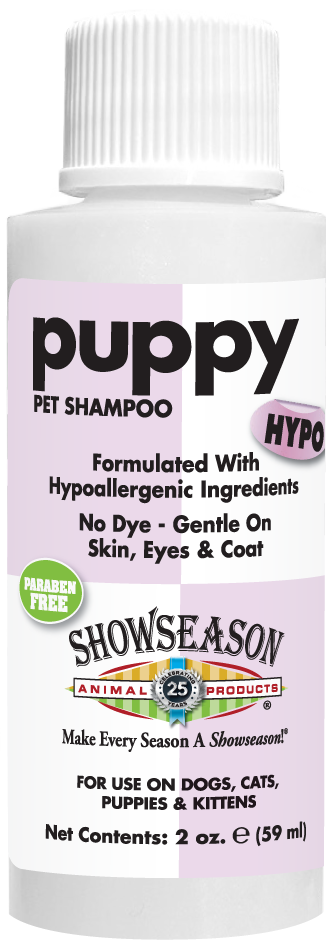 Puppy hypo pet shampoo with product information in a 2 ounce bottle. 