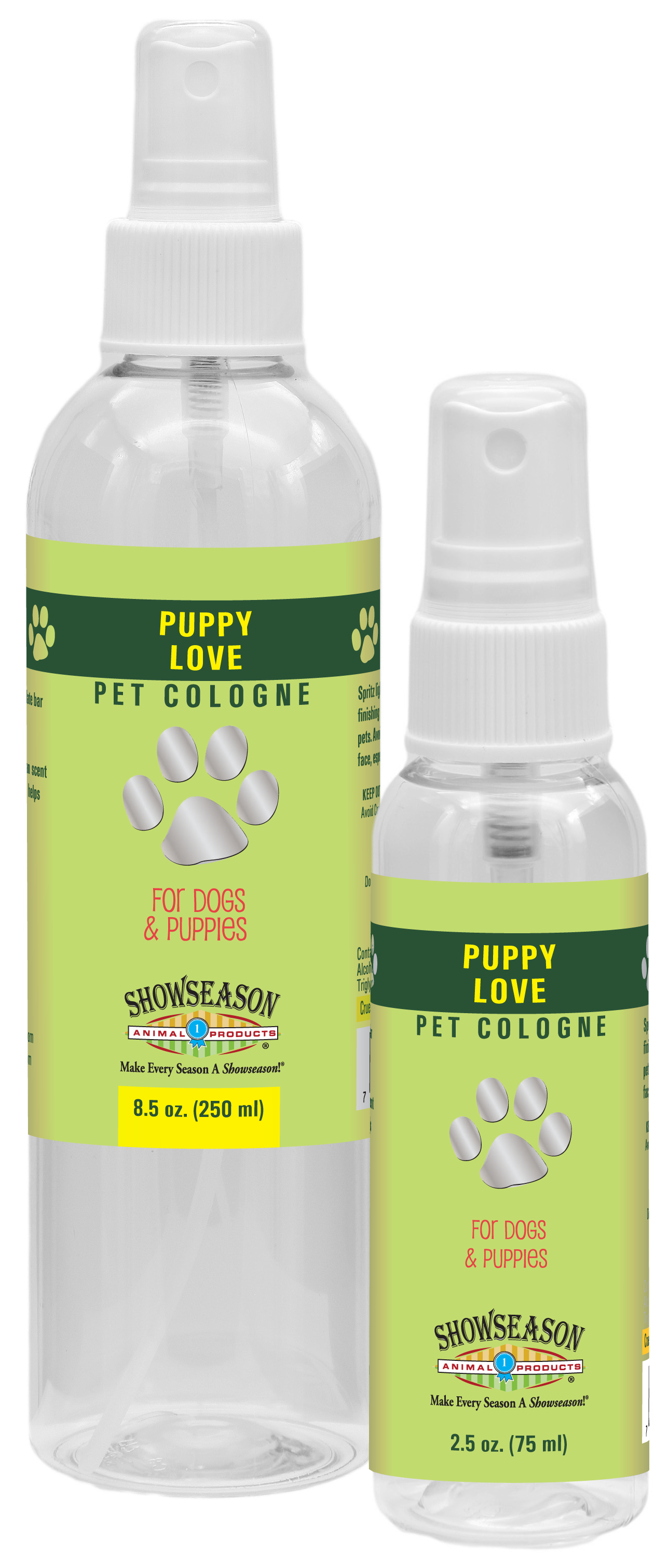Showseason Puppy Love Pet Cologne in two spray bottle sizes, 8.5 ounces and 2.5 ounces. 