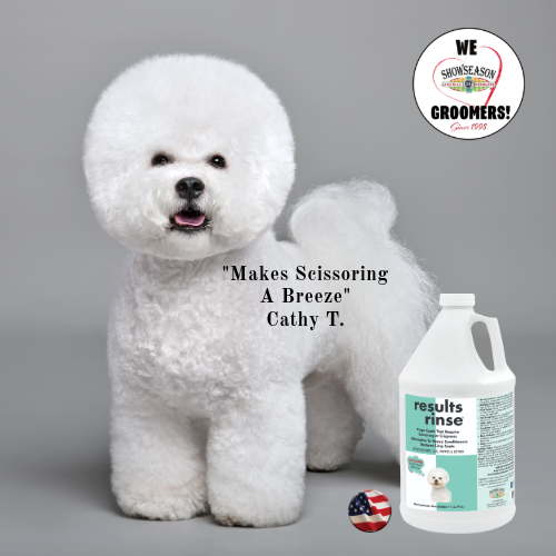Promotional image featuring a groomed white dog next to a gallon of Results Rinse with the quote “Makes scissoring a breeze” by Cathy T. and the Showseason logo that says “We love groomers.”