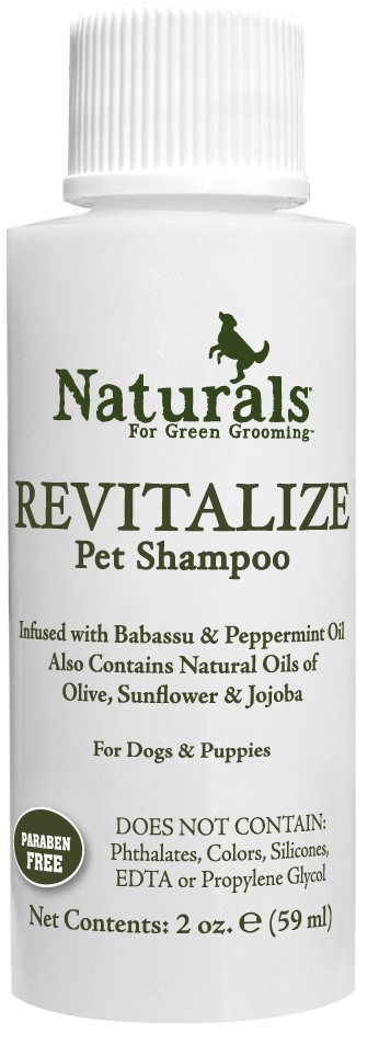 Naturals for Green Grooming Revitalize Pet Shampoo in a 2 ounce bottle. 