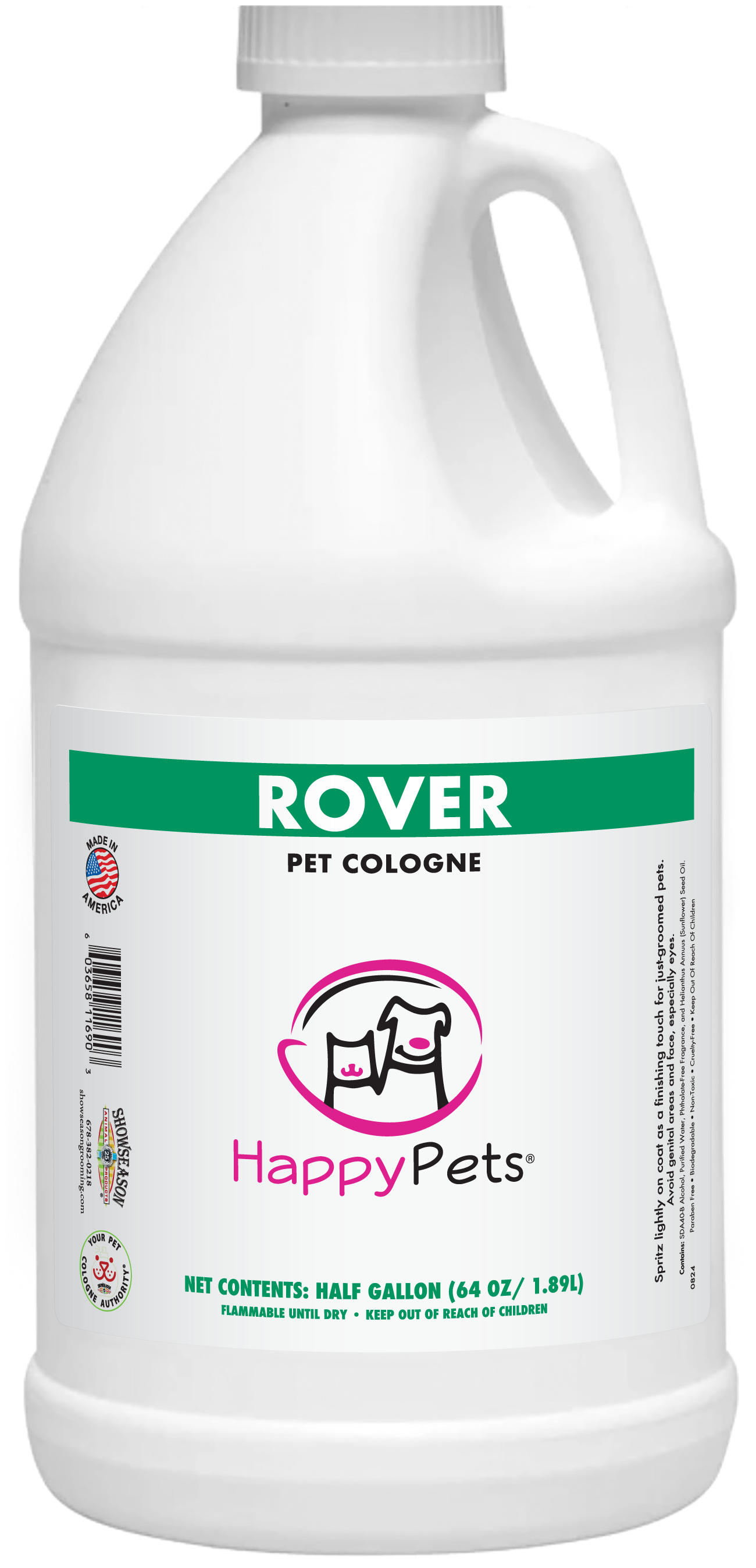 Happy Pets Rover Pet Cologne in a half gallon bottle. 