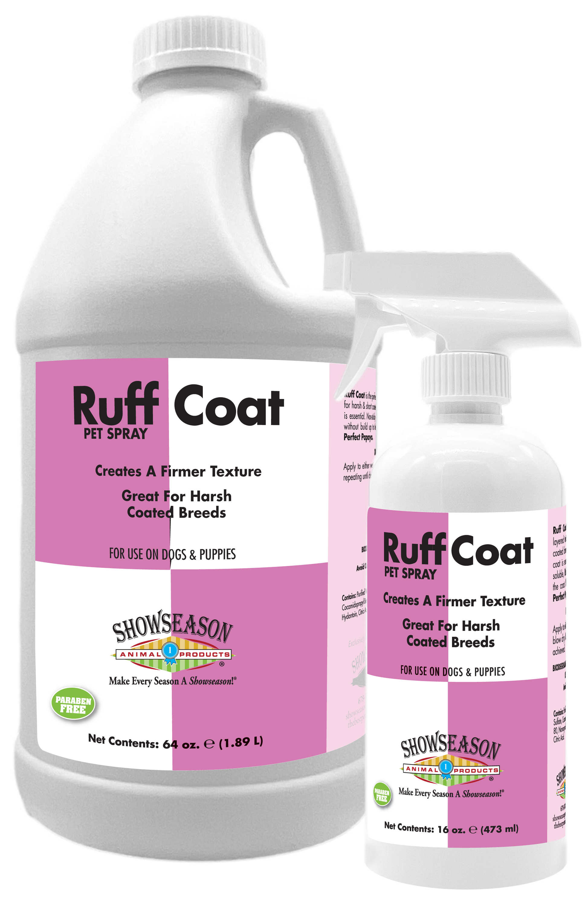 Ruff Coat Pet Spray in two bottles, a 64 ounce bottle, and a 6 ounce spray bottle. 
