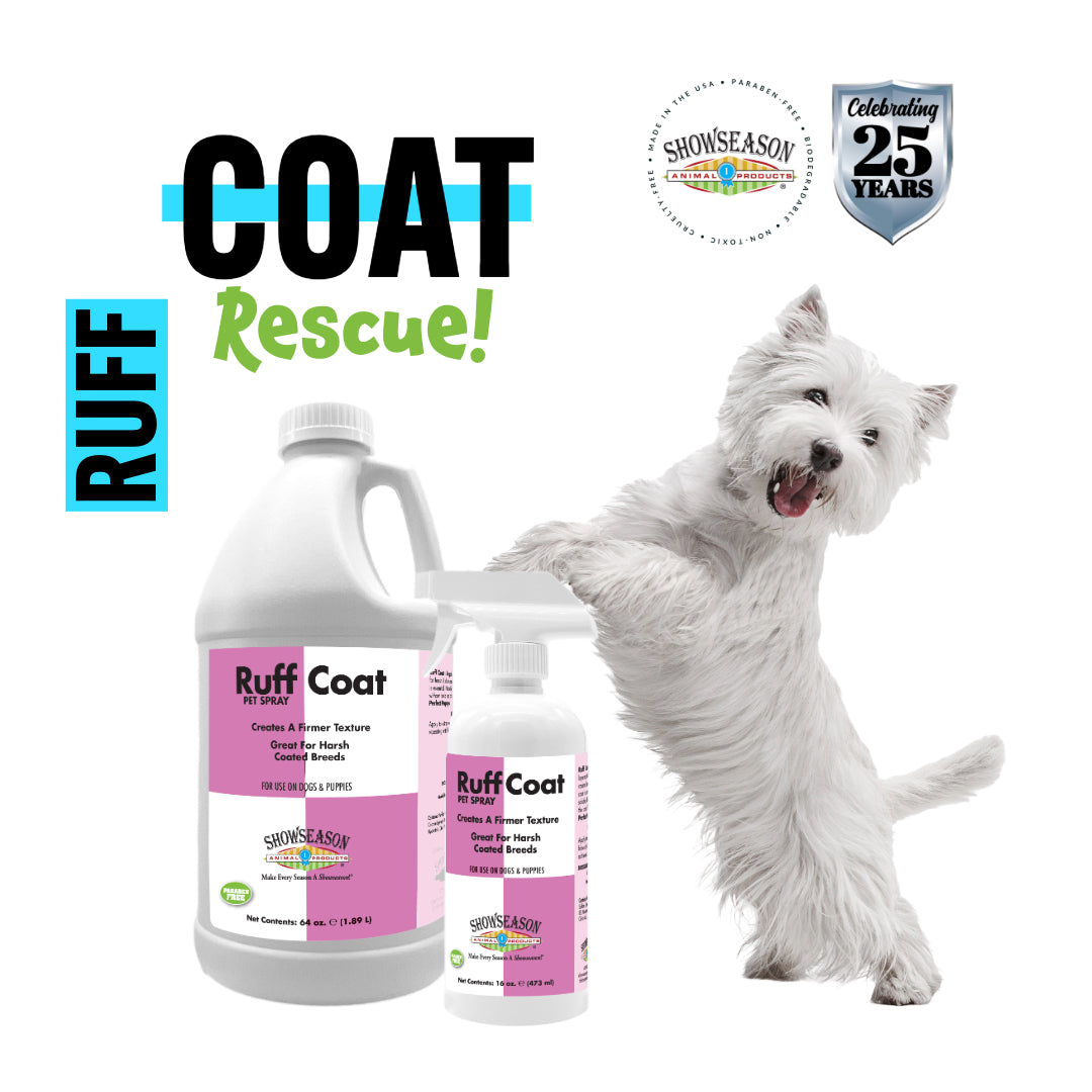64 ounce and 16 ounce Showsaeason Ruff Coat Pet Spray on a white background with a little white dog standing up against the spray bottles. The words read, "Coat resuce!"