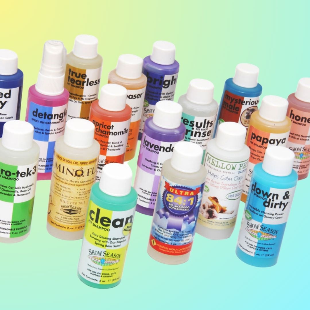 Sample pack of Showseason grooming products in various types. All in 2 ounce bottles. 