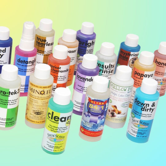 Sample pack of Showseason grooming products in various types. All in 2 ounce bottles. 