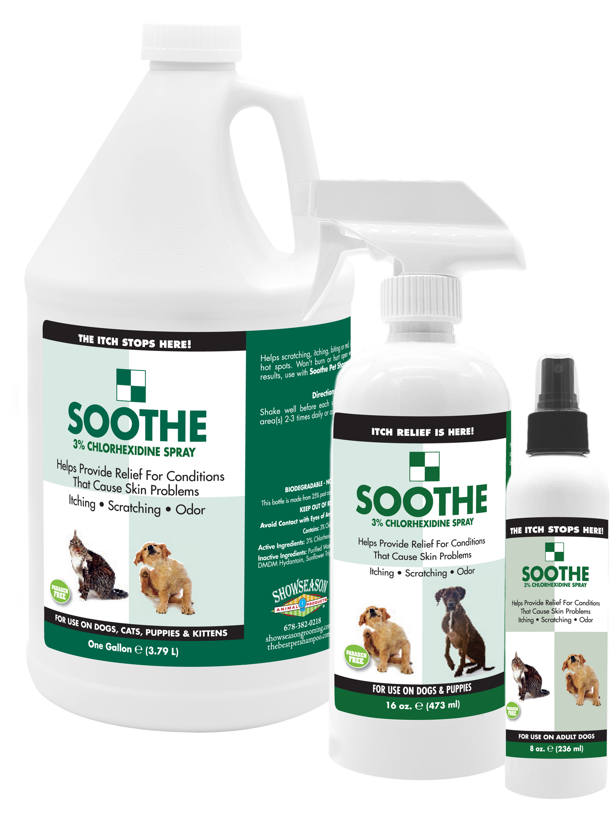 Soothe Pet Spray Itch relief in 3 sizes, 1 gallon bottle, 16 ounce spray bottle, and 8 ounce spray bottle. 