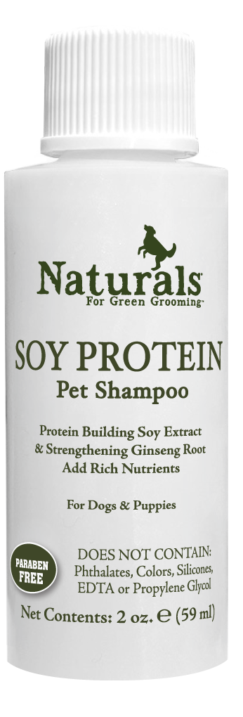 Naturals for Green Grooming Soy Protein Pet Shampoo in 2 ounce bottle. 