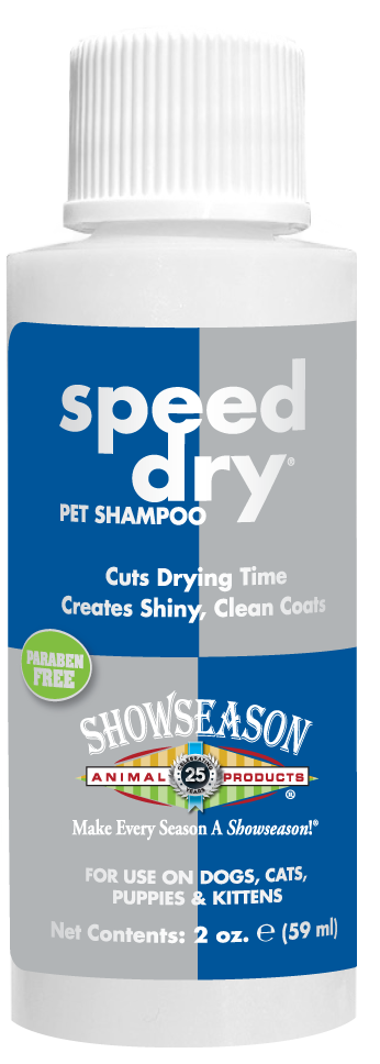 Showseason Speed Dry Pet Shampoo in 2 oz bottle. 