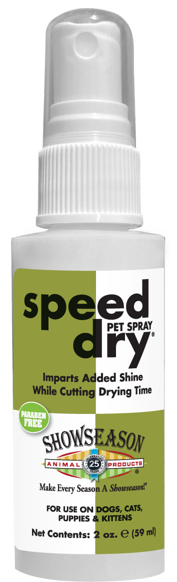 Showseason Speed Dry Pet Spray in 2 ounce spray bottle.