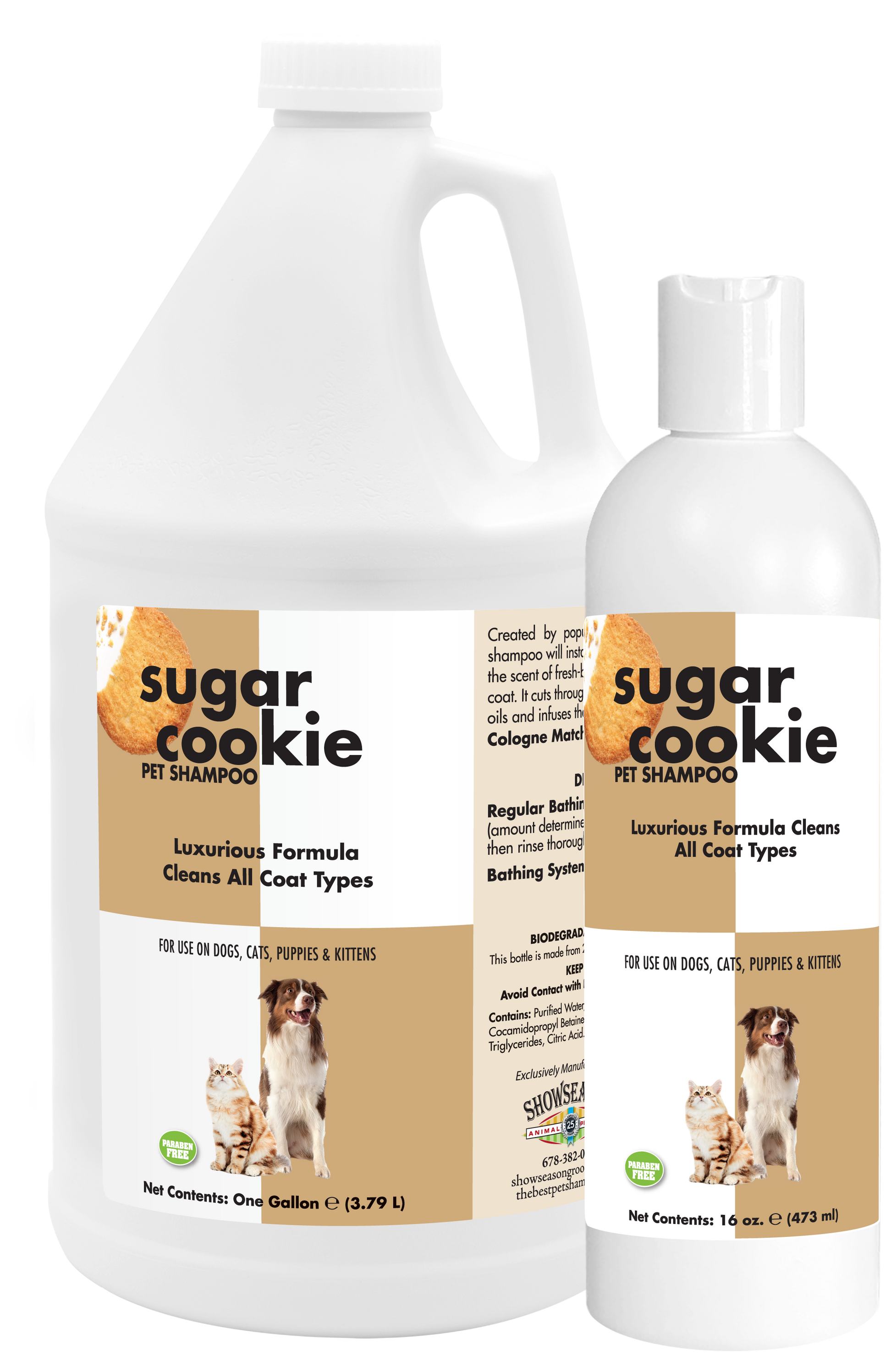 Sugar Cookie Pet Shampoo in two sized bottles, 1 gallon and 16 ounces. 