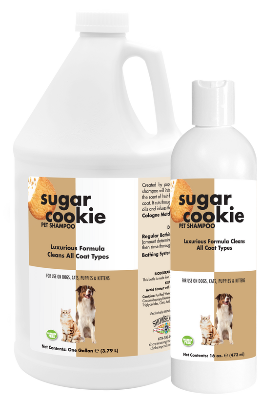 Sugar Cookie Pet Shampoo in two sized bottles, 1 gallon and 16 ounces. 
