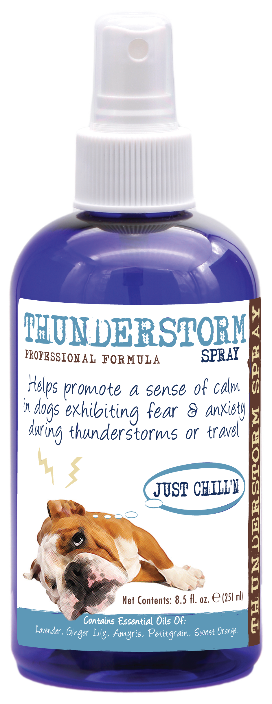 Thunderstorm Calming Spray in 8.5 ounce spray bottle.
