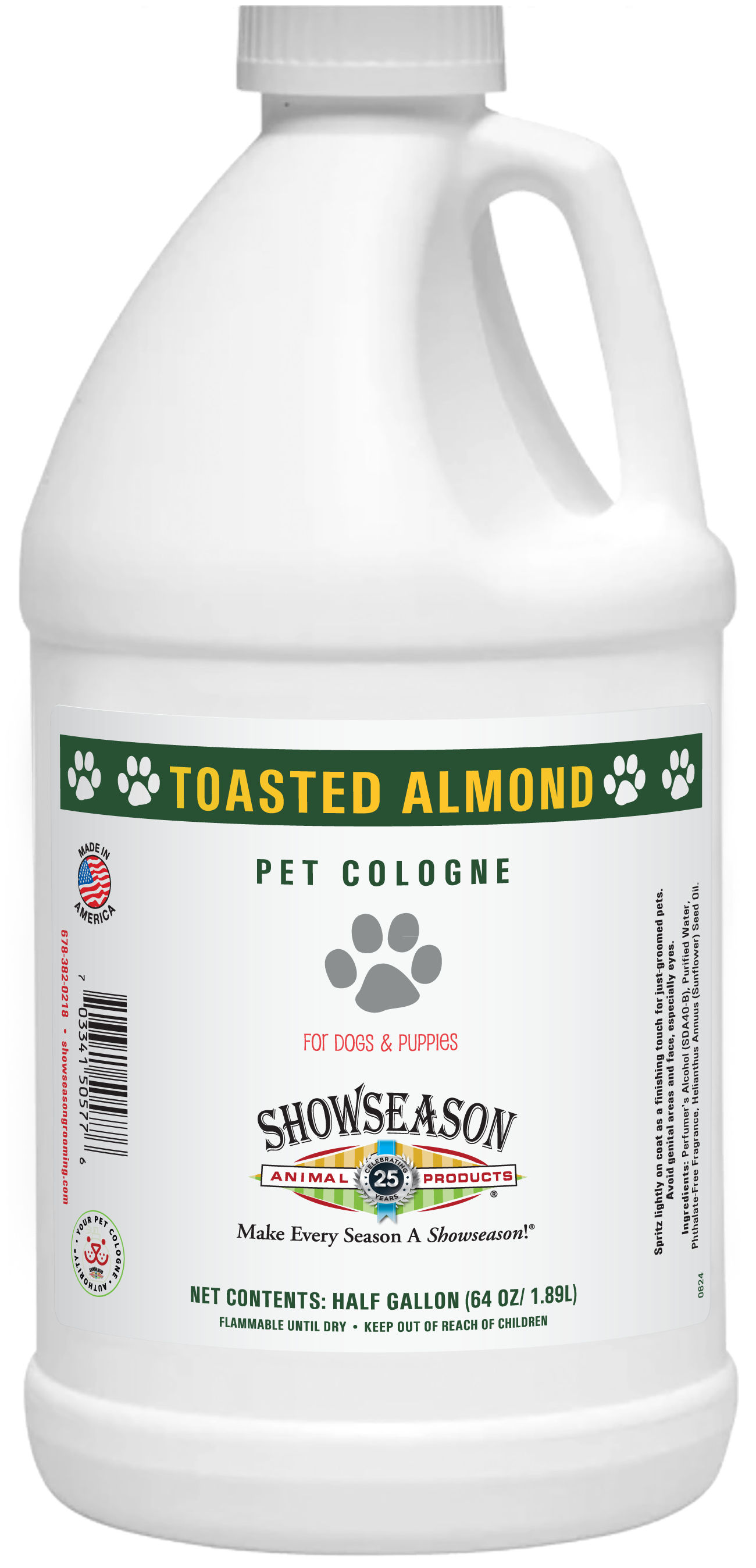 Showseason Toasted Almond Pet Cologne in 1 gallon bottle.