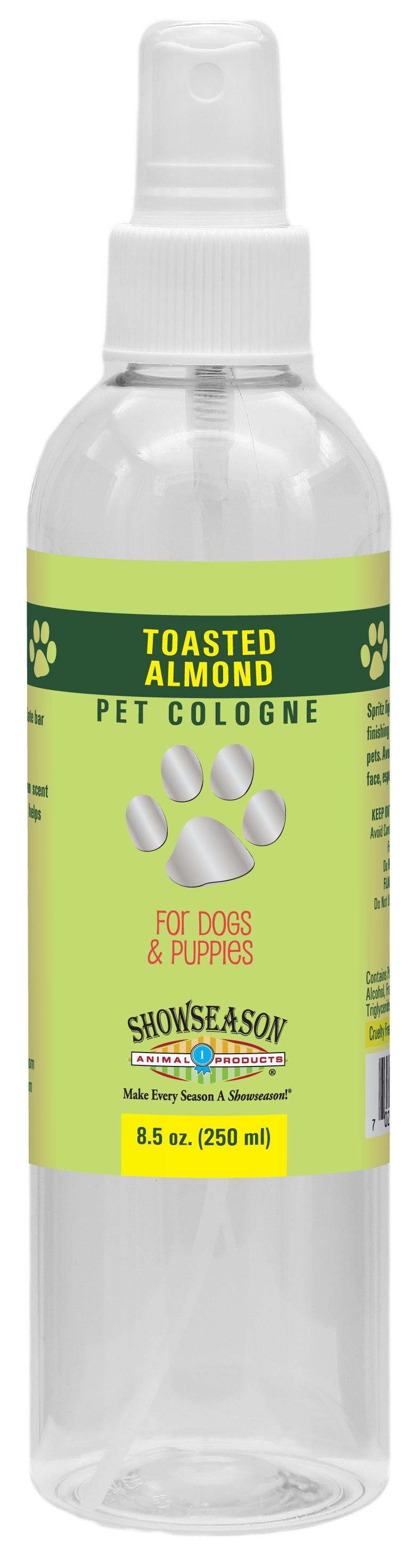 Showseason Toasted Almond Pet Cologne in 8.5 ounce spray bottle. 