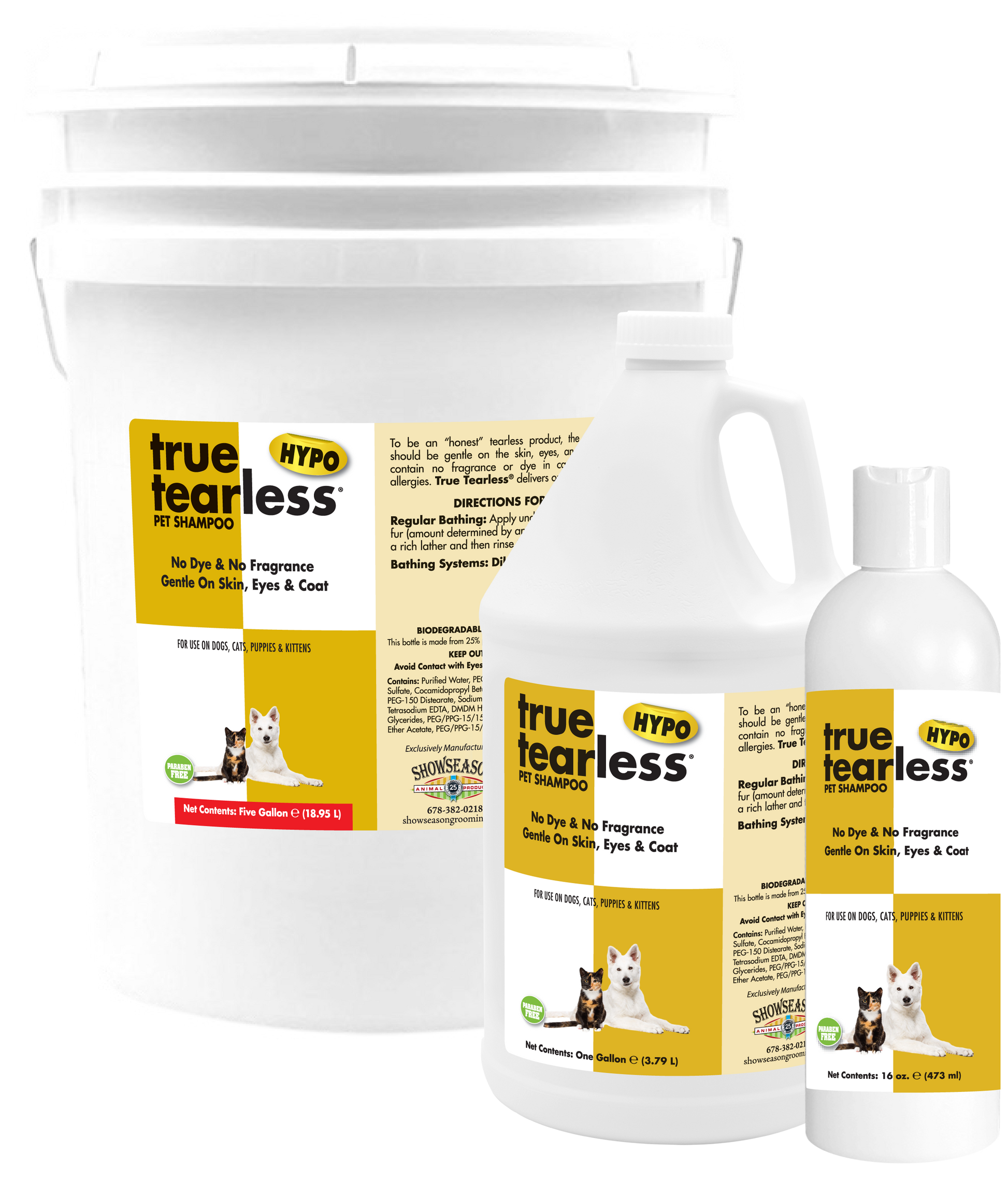 True Tearless Pet Shampoo in 5 gallon, 1 gallon, and 16 ounce containers. 