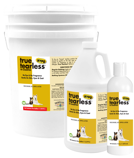 True Tearless Pet Shampoo in 5 gallon, 1 gallon, and 16 ounce containers. 