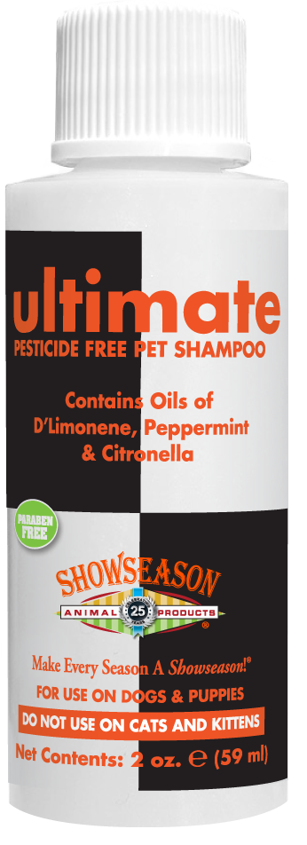 Showseason Ultimate Pesticide Pet Shampoo in 2 oz bottle.