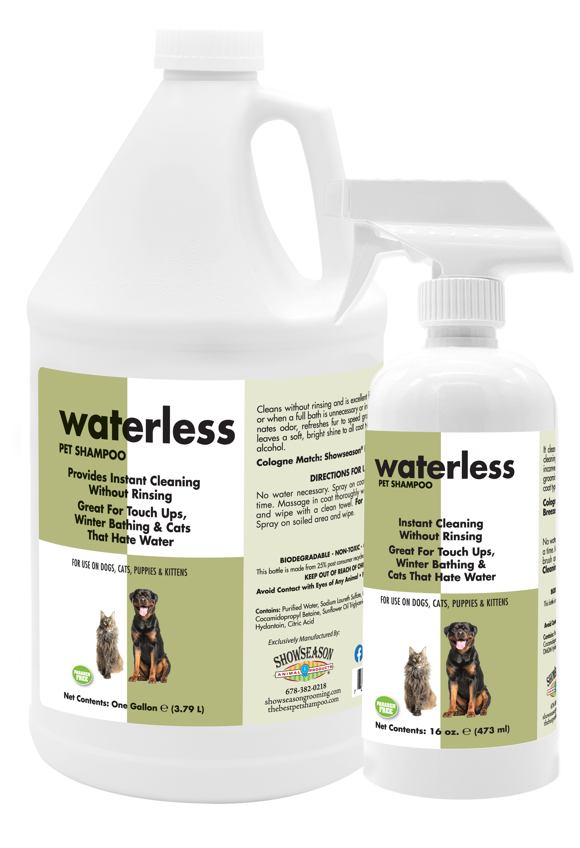 Waterless Pet Shampoo bottle in 1 gal and 16 oz sizes. 