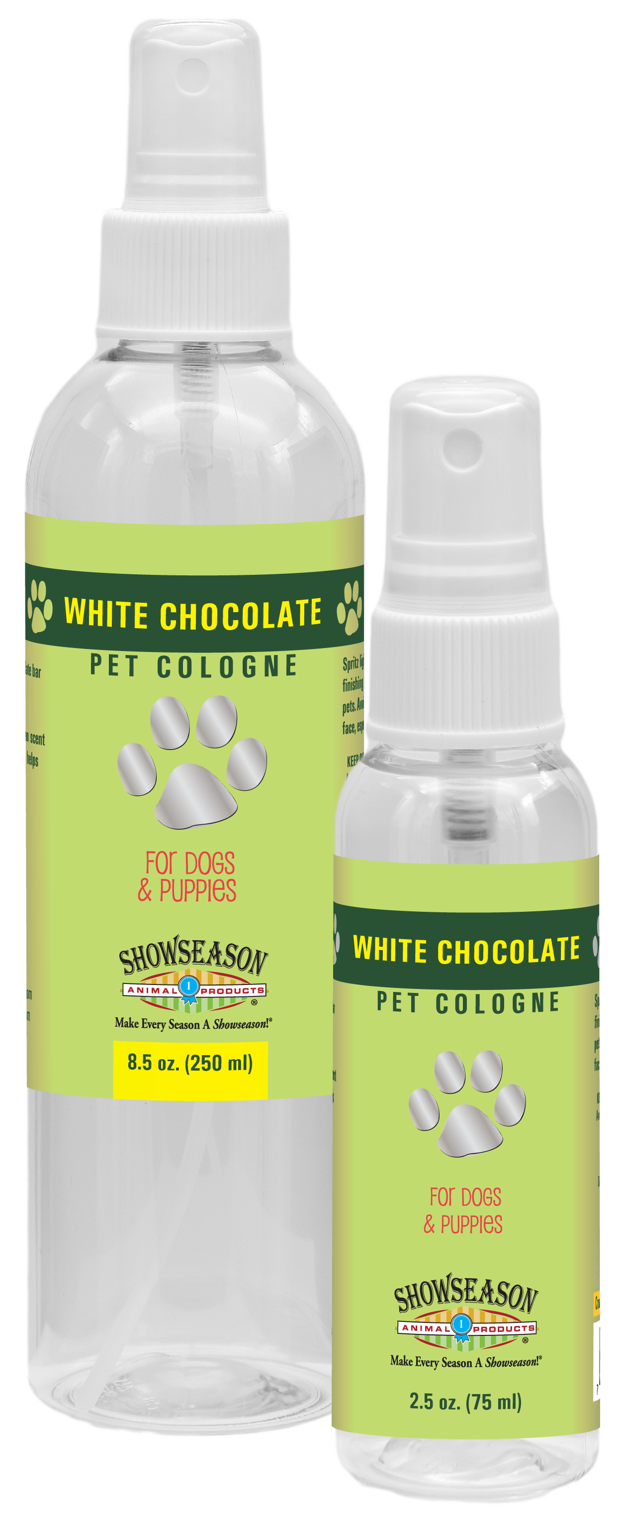 Showseason White Chocolate Pet Cologne  in two bottle sizes, 8.5 oz and 2.5 oz