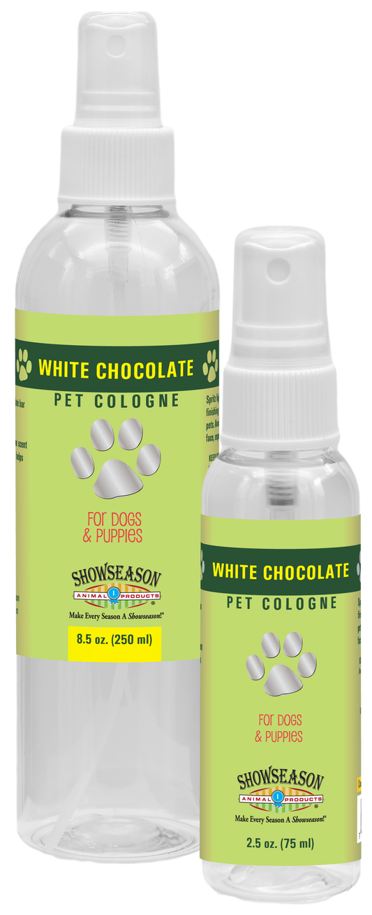 Showseason White Chocolate Pet Cologne  in two bottle sizes, 8.5 oz and 2.5 oz