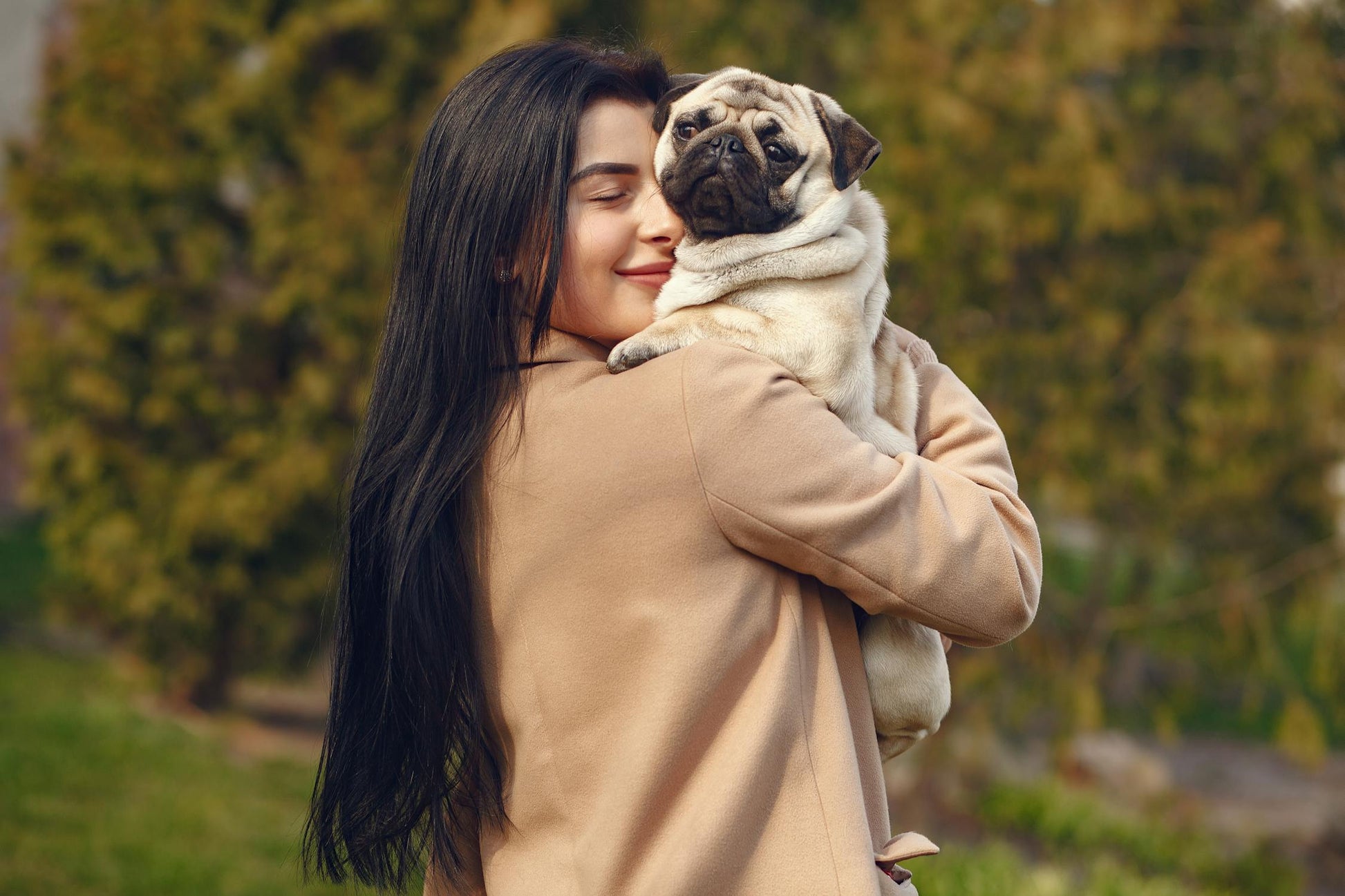 Women snuggling a french bulldog in her arms. 