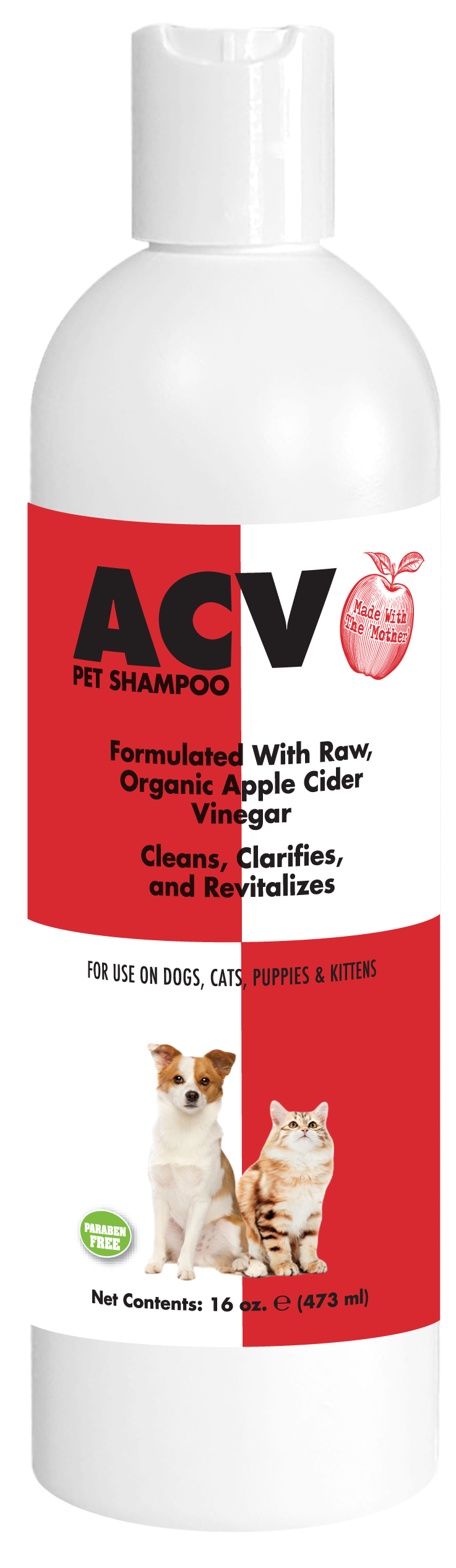 Apple Cider Vinegar Pet Shampoo with product information and instructions in a 16 ounce bottle. 
