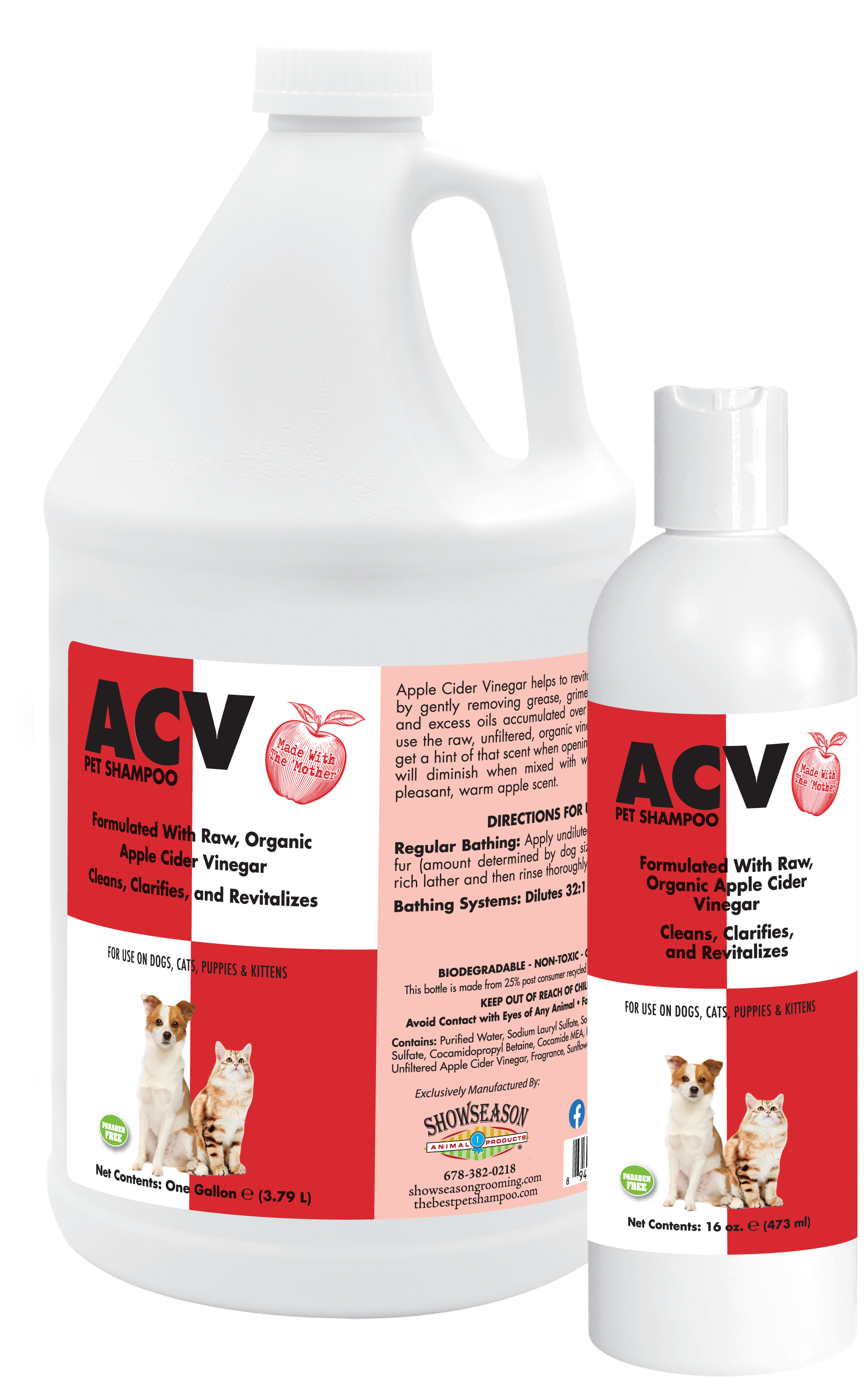 Apple Cider Vinegar Pet Shampoo with Product instructions and information in one gallon and 16 ounce bottles. 