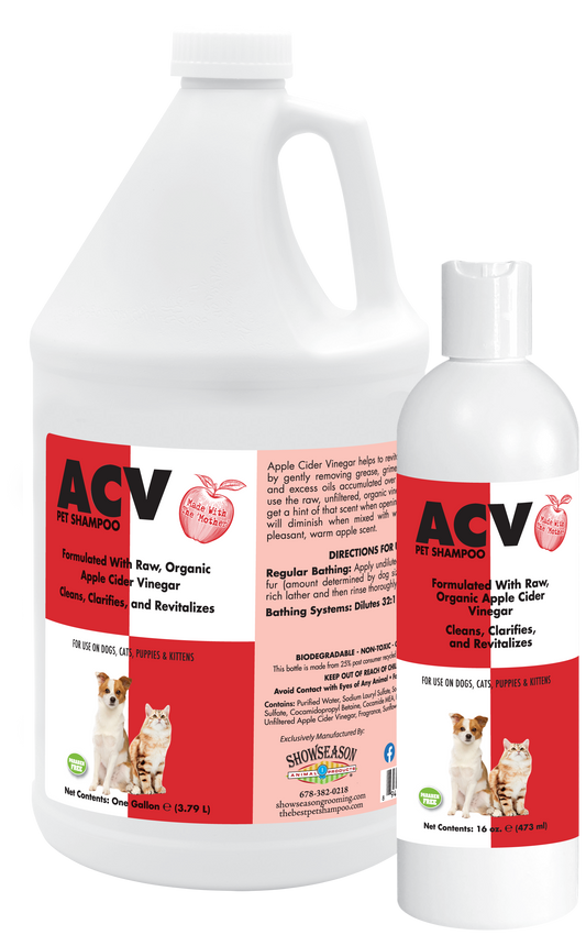 Apple Cider Vinegar Pet Shampoo with Product instructions and information in one gallon and 16 ounce bottles. 
