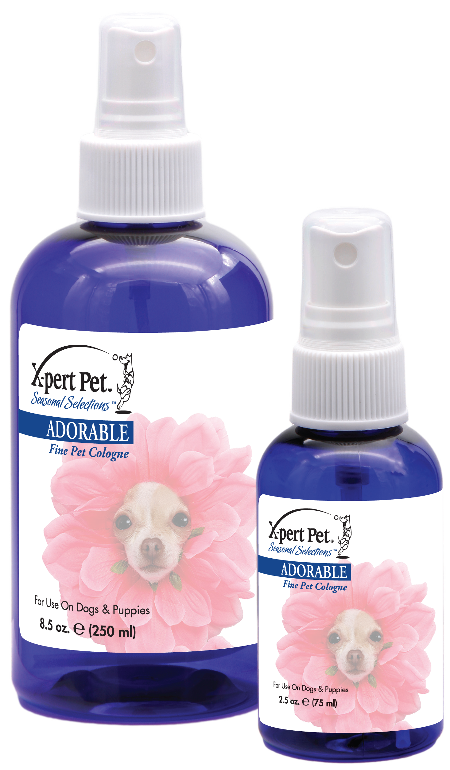 X-Pert Pet Adorable Fine Pet Cologne in 8.5 ounce and 2.5 ounce pump spray bottle. 