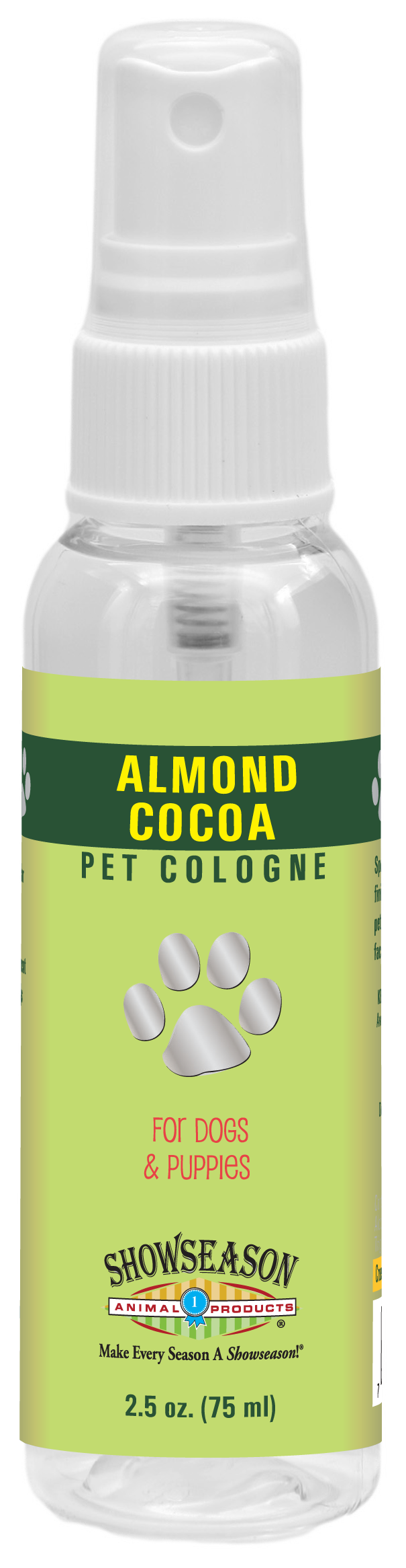 Almond Cocoa Pet Cologne in 2.5 ounce pump spray bottle. 