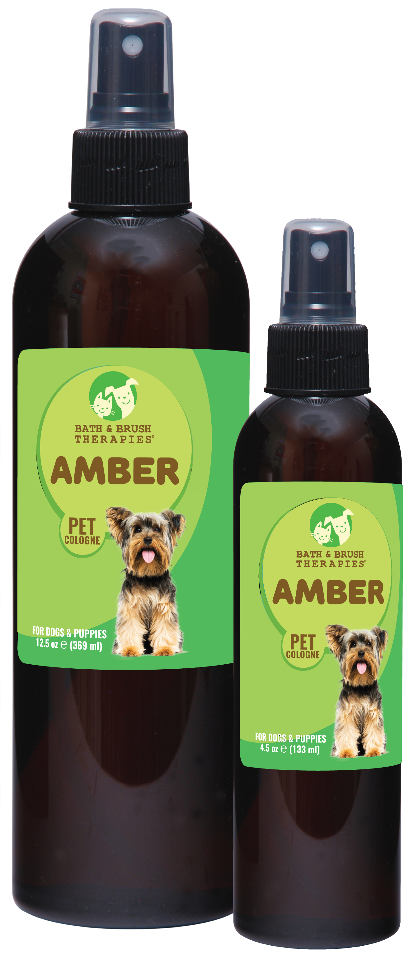 Amber Pet Cologne in 12.5 and 4.5 ounce pump spray bottle. 