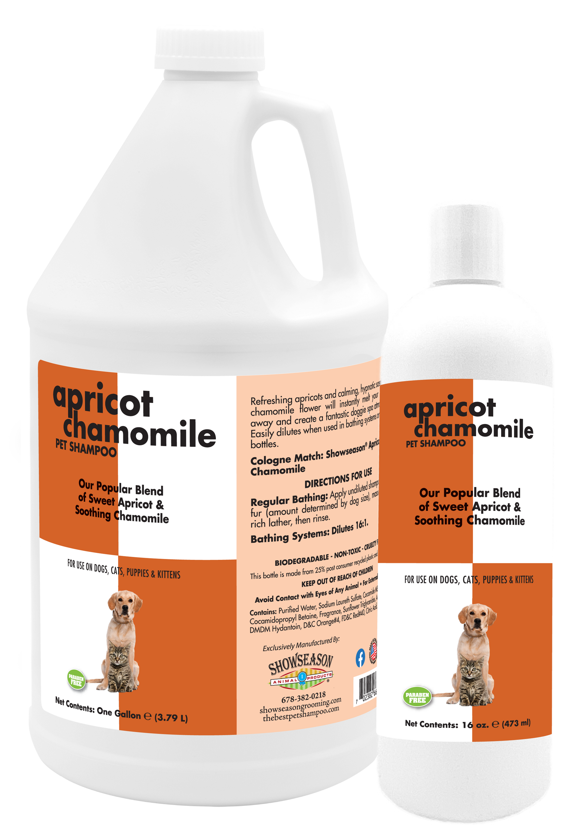 Apricot Chamomile Pet Shampoo with Product information and instruction in one gallon and 16 ounce bottle. 