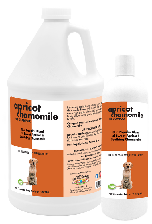 Apricot Chamomile Pet Shampoo with Product information and instruction in one gallon and 16 ounce bottle. 