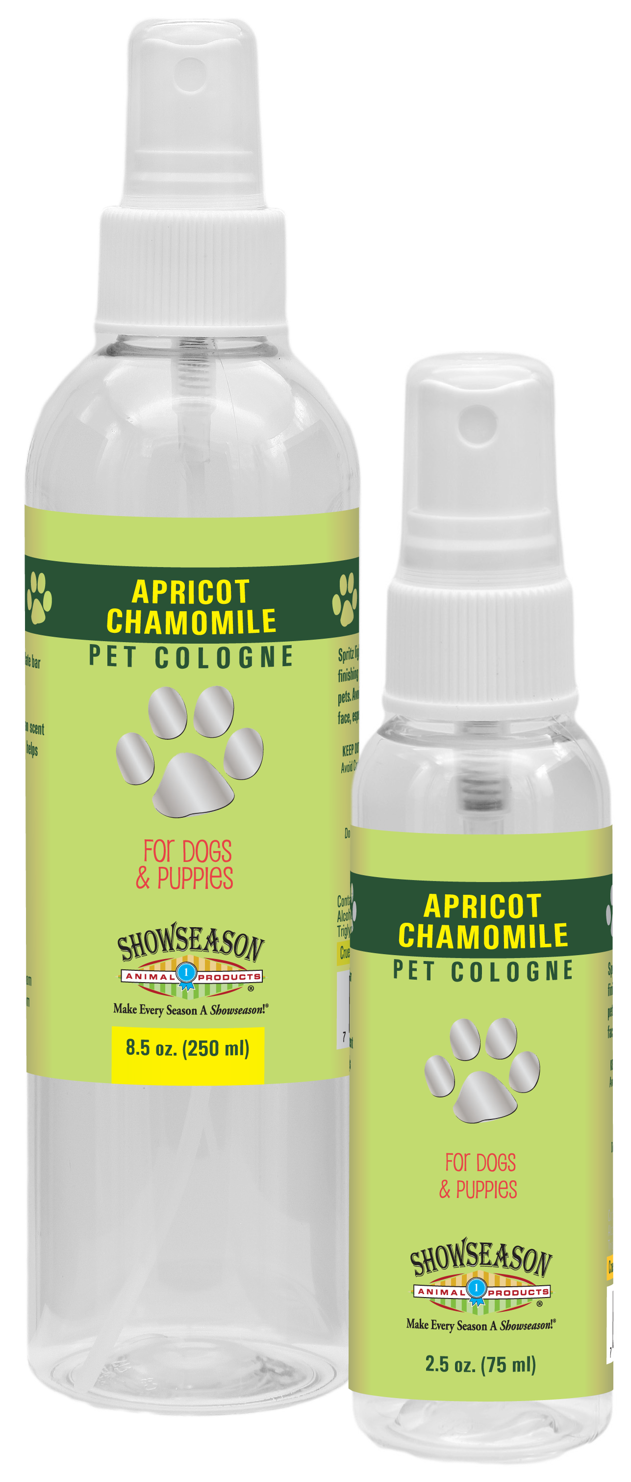 Apricot Chamomile Pet Cologne in 8.5 and 2.5 ounce pump spray bottle. 