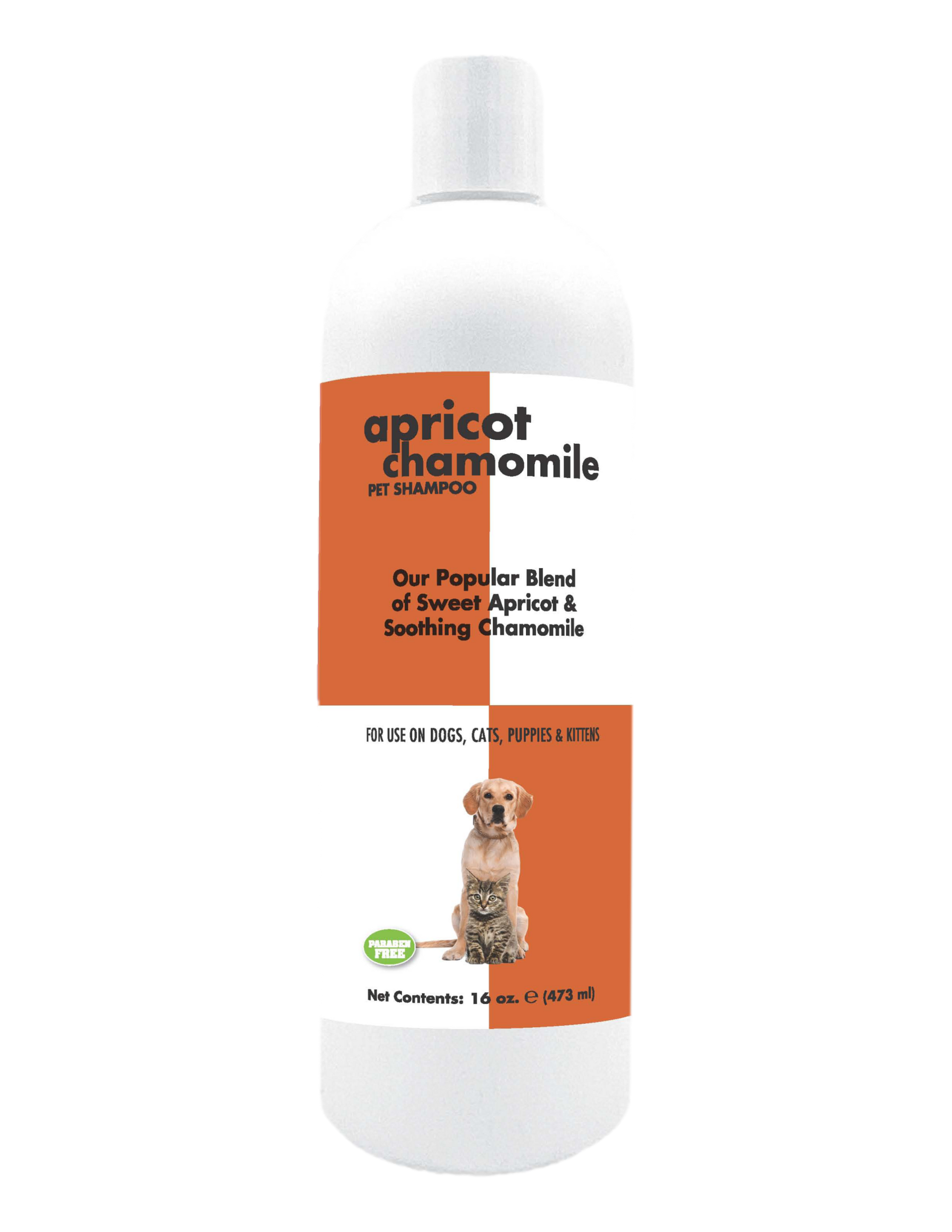 Apricot Chamomile Pet Shampoo with Product information and instruction in 16 ounce bottle. 