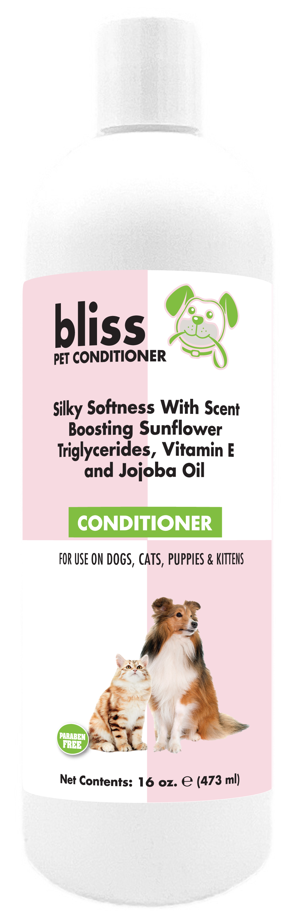Bliss Pet Conditioner with product instruction and information in 16 ounce bottle. 