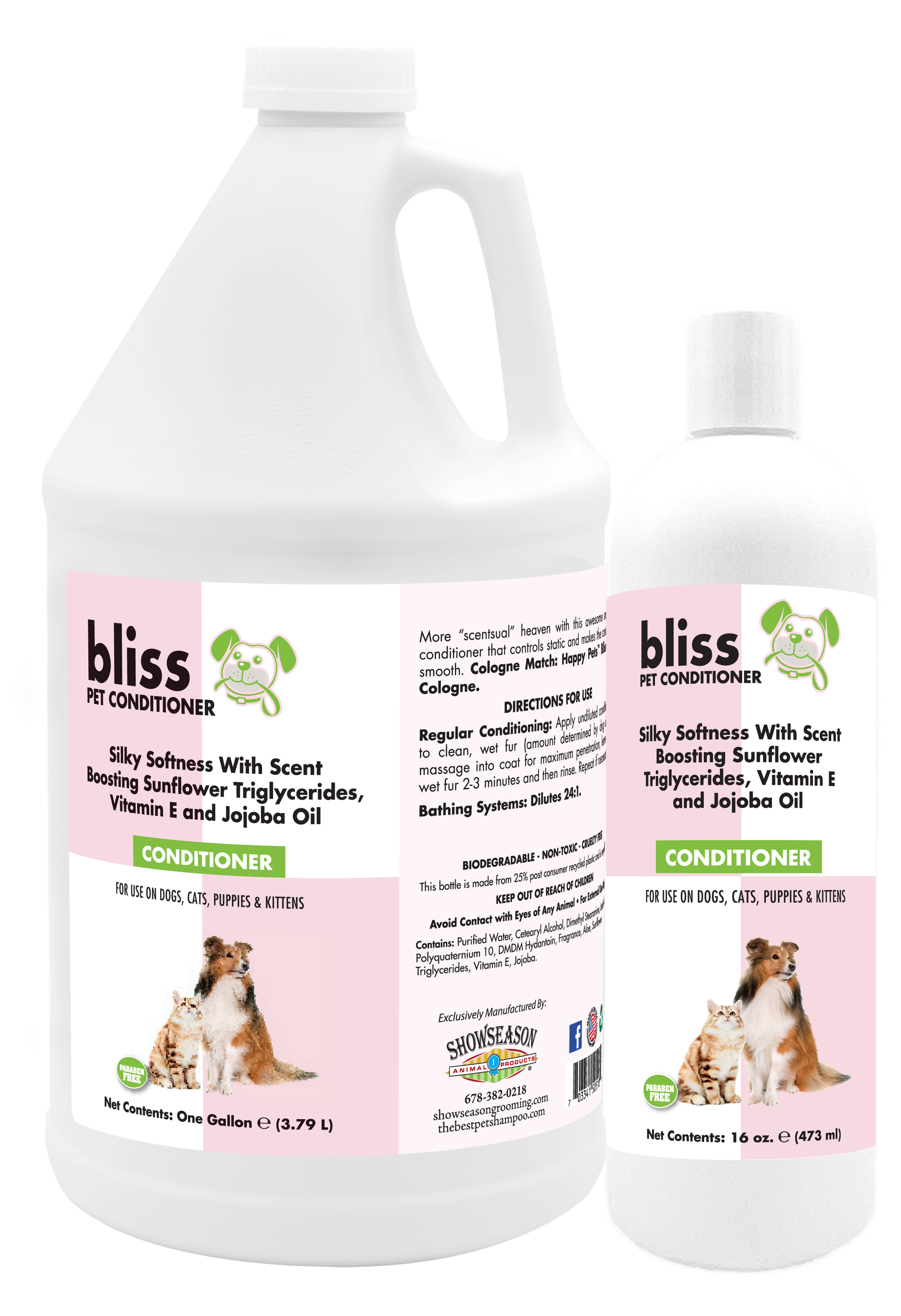 Bliss Pet Conditioner with product instruction and information in one gallon and 16 ounce bottles. 