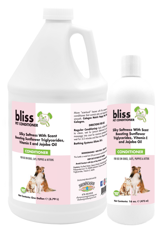 Bliss Pet Conditioner with product instruction and information in one gallon and 16 ounce bottles. 