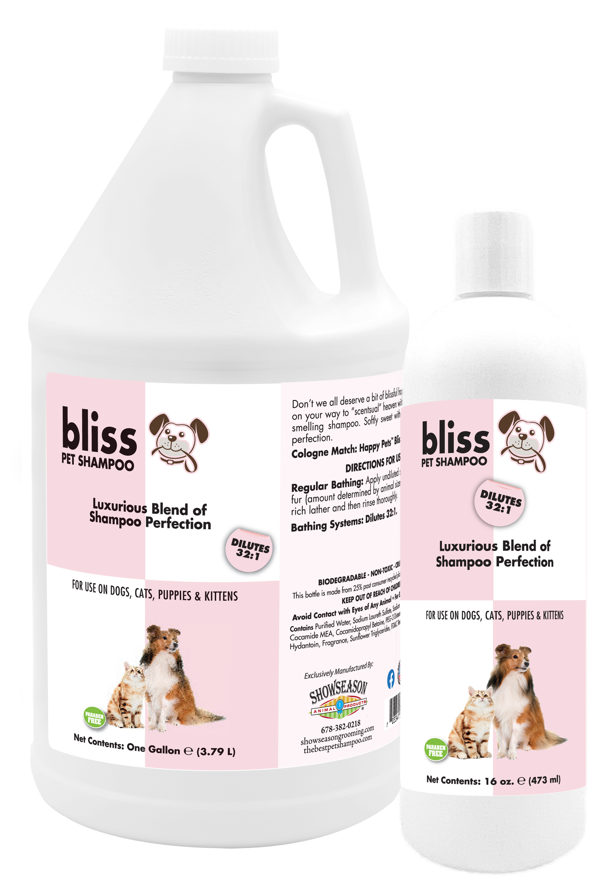 Bliss Pet Shampoo with product instruction and information in one gallon and 16 ounce bottles. 
