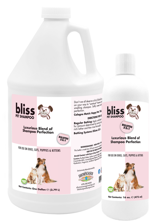 Bliss Pet Shampoo with product instruction and information in one gallon and 16 ounce bottles. 