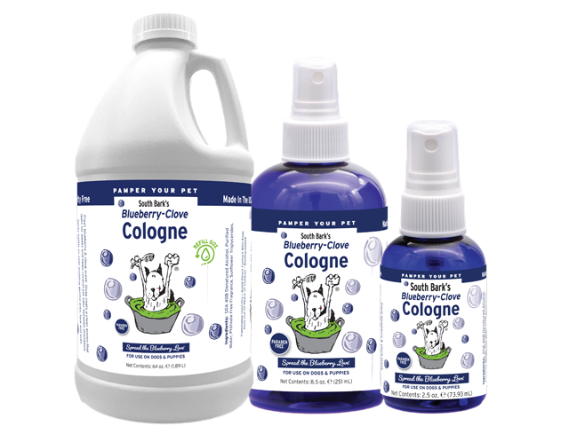 Blueberry Clove Pet Cologne in Half gallon bottle, 8.5 ounce and 2.5 ounce pump spray bottles. 