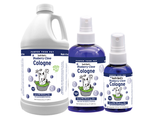 Blueberry Clove Pet Cologne in Half gallon bottle, 8.5 ounce and 2.5 ounce pump spray bottles. 