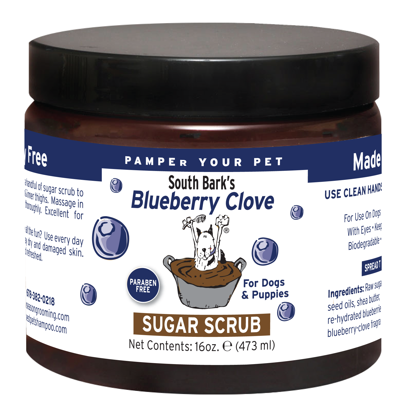 Blueberry Clove Sugar Scrub in 16 ounce container. 
