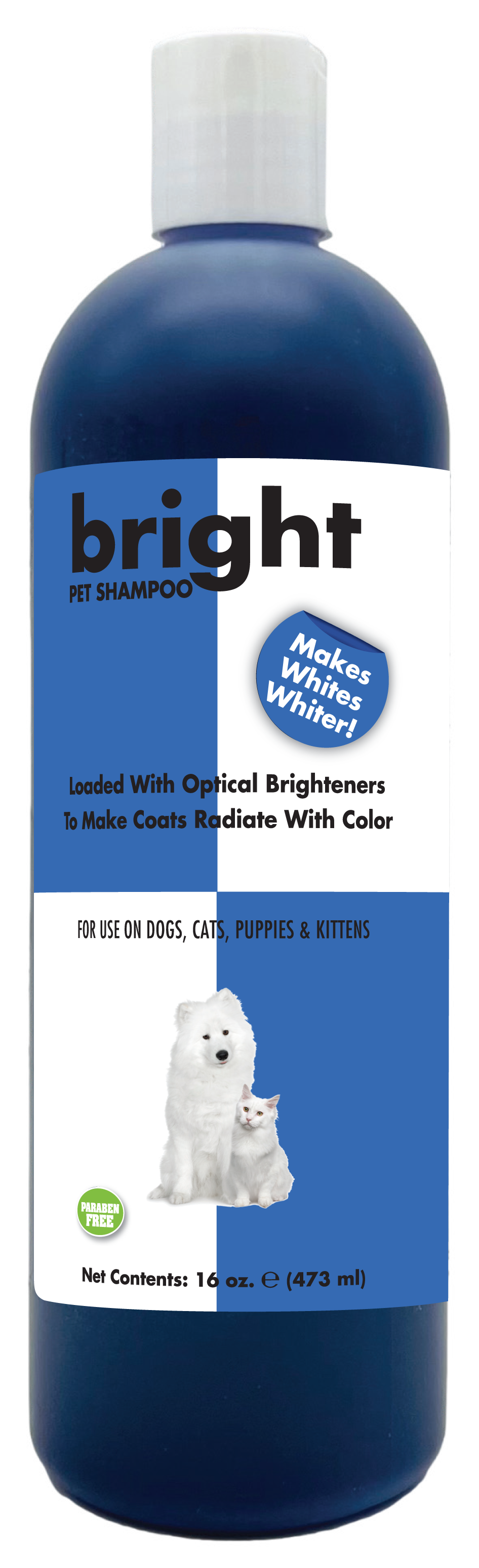 Bright Pet Shampoo with product information and instructions in a 16 ounce bottle. 