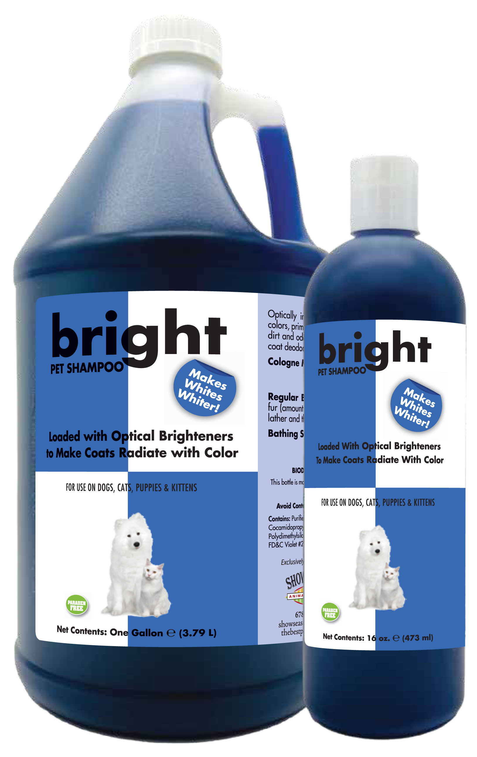 Bright Pet Shampoo with product information and instructions. One gallon and 16 ounce bottle. 