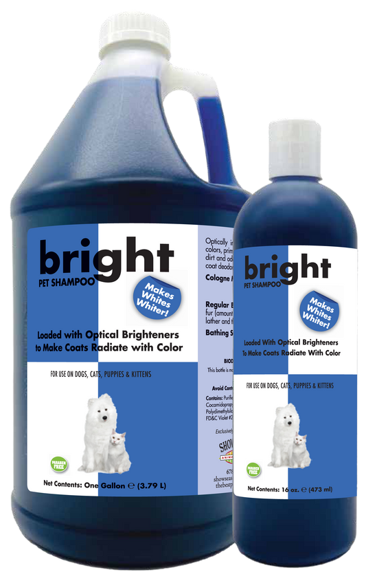 Bright Pet Shampoo with product information and instructions. One gallon and 16 ounce bottle. 