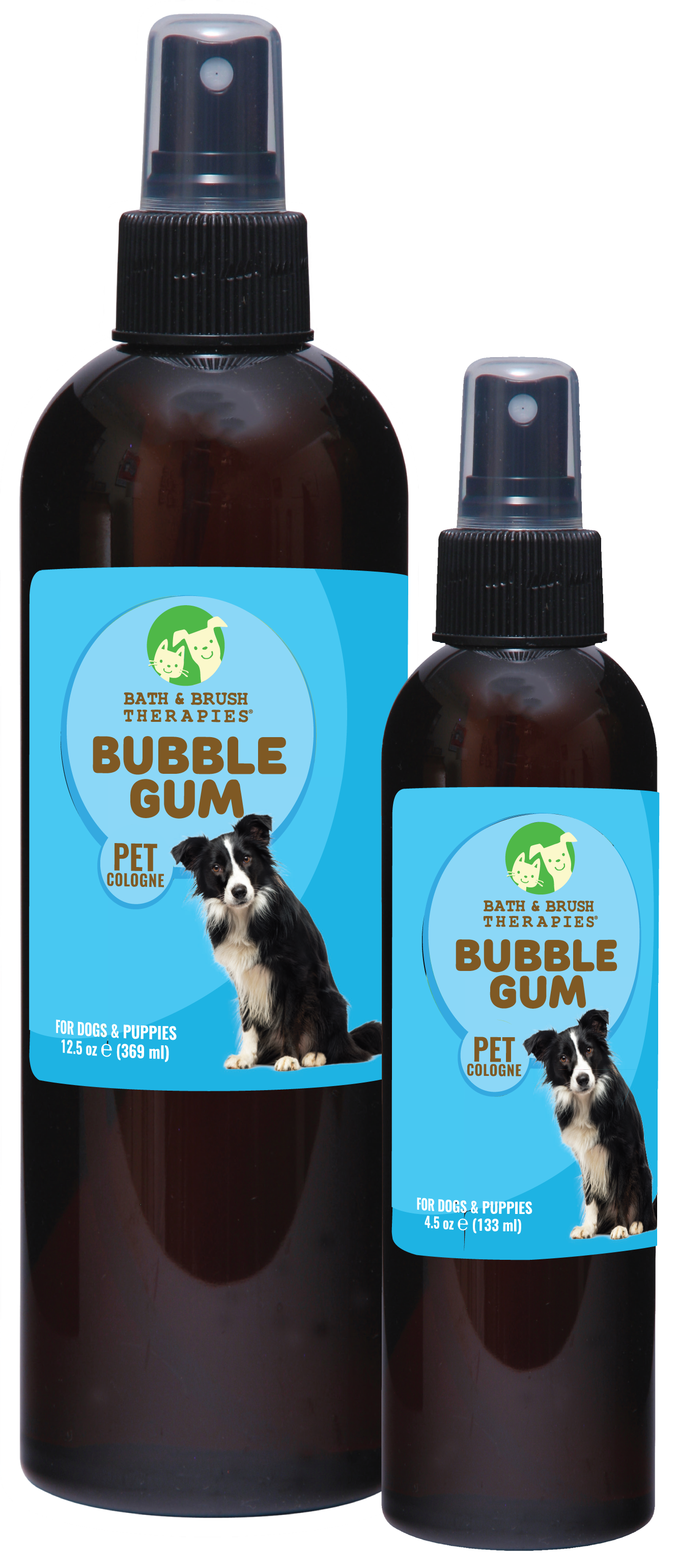 Bubble Gum Pet Cologne in 12.5 and 4.5 ounce pump spray bottle. 