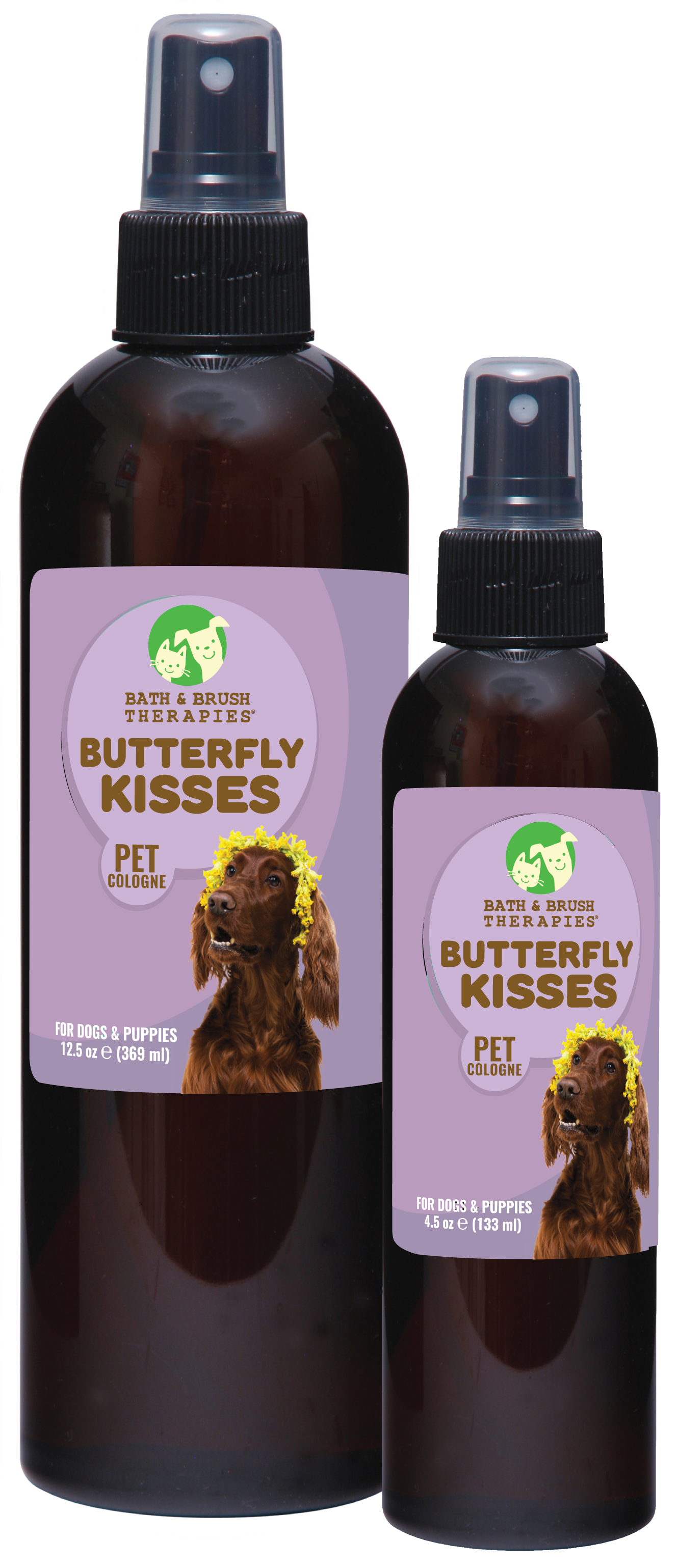 Butterfly Kisses Pet Cologne in 12.5 and 4.5 ounce pump spray bottle. 
