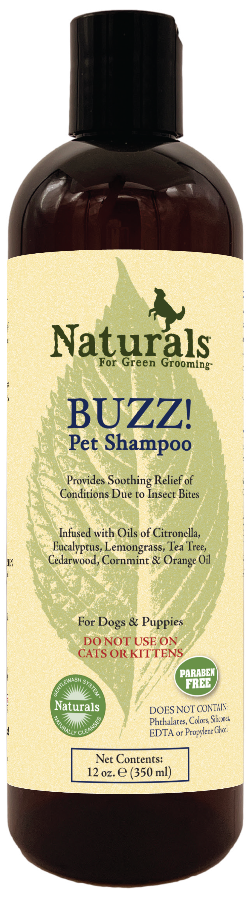 Naturals for green grooming Buzz! pet shampoo 12 oz bottle with product information and use 