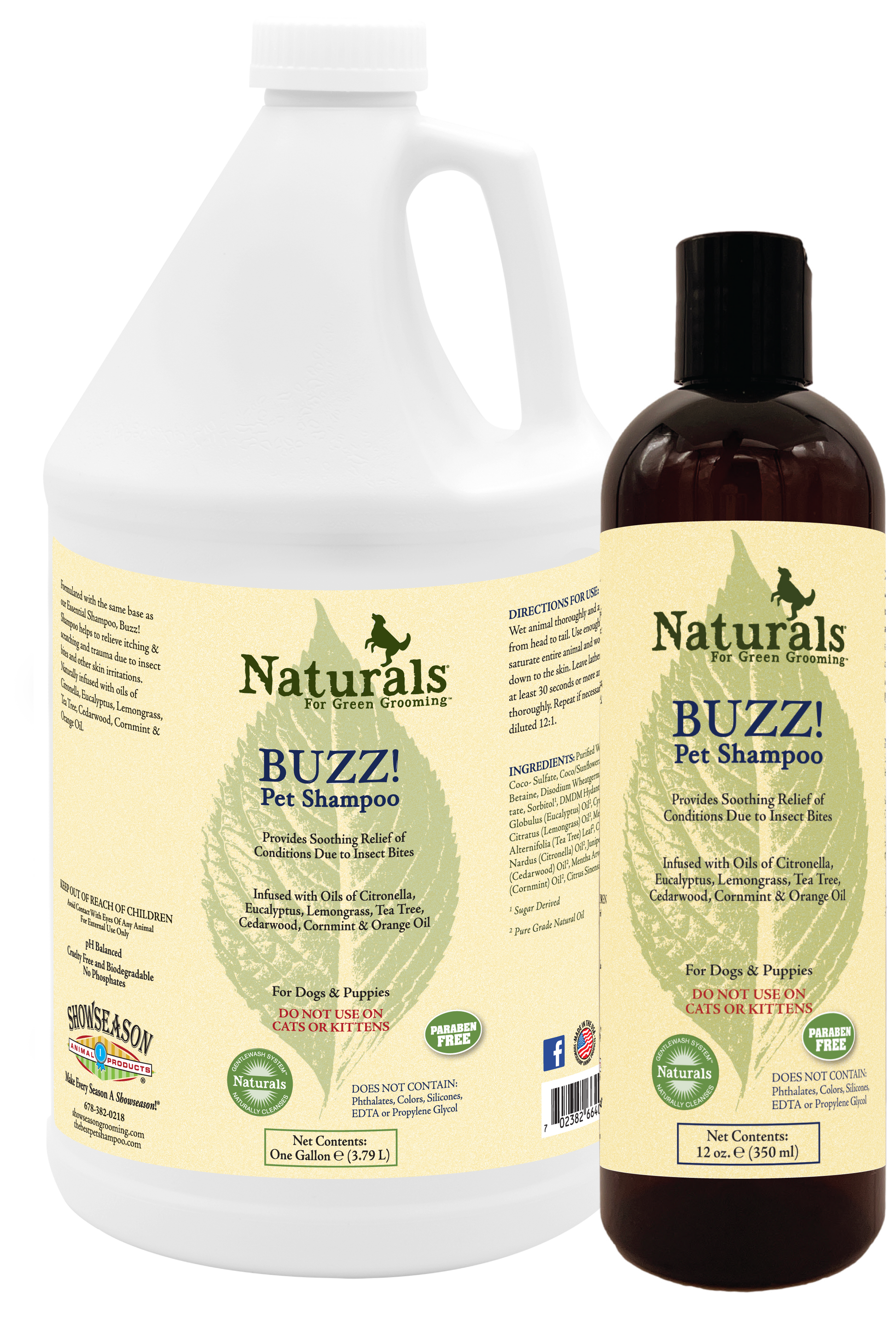 Naturals for green grooming Buzz! pet shampoo one gallon and 12 oz with product information and use 